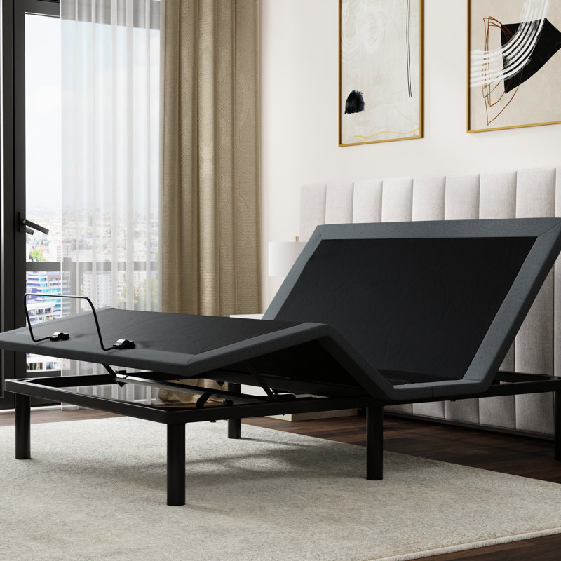 Os4 Black And Grey Split Top Queen Adjustable Bed Base With Head Foot Position Adjustment Function, Zero Gravity One - Touch Back To Flat Feature, Extra Strength Frame Reinforcement Structure,