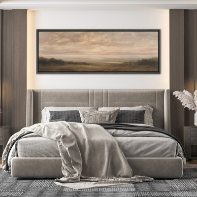 Warm Sunset Over Meadow Landscape with Atmospheric Sky - Large Framed Canvas Master Bedroom Wall Art Print