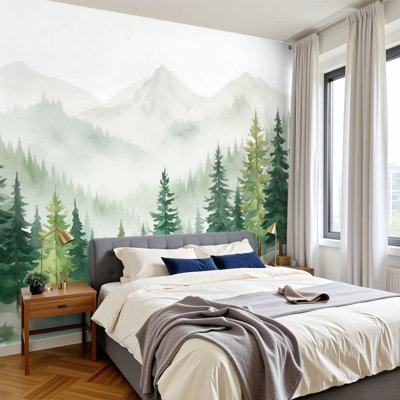 Modern Peel and Stick Wallpaper Misty Forest Landscape Tall Evergreen Trees Mountains Wall Murals 100"H x 144"W Removable PVC Wall Paper Self-Adhesive Wall Decor for Bedroom Living Room