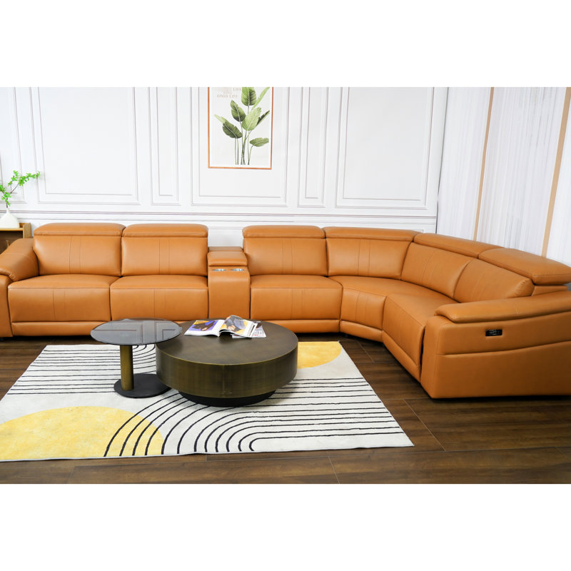Canapé d'angle confortable 6 pièces en cuir brun avec fauteuil inclinable électrique et rangement, style moderne et respirant, idéal pour le salon.