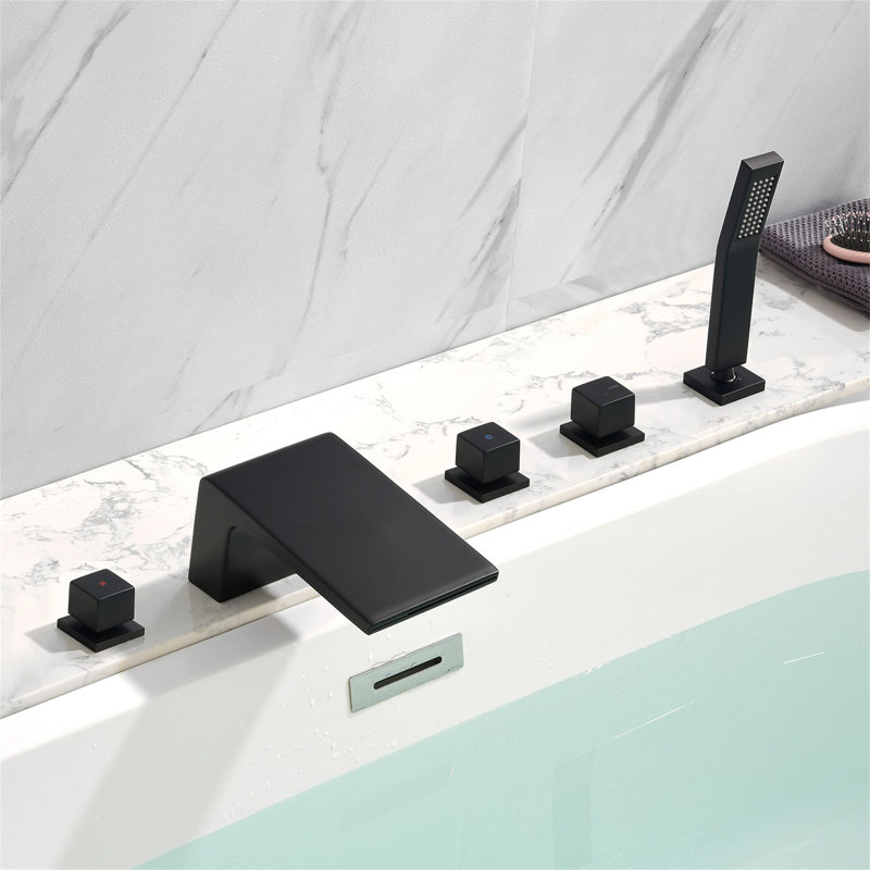 Robinet de baignoire à 5 trous à fixation sur le comptoir avec douche à main, robinet de baignoire à cascade, robinets de baignoire à trois poignées en laiton avec valve