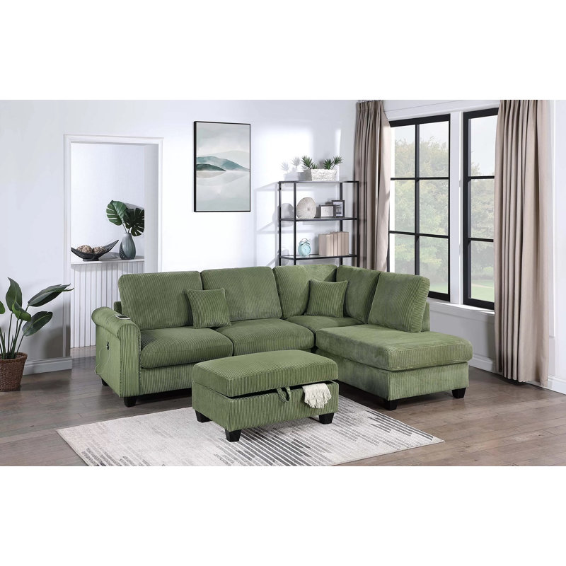Tuscania Sage Corduroy Sectional Sofa With Raf Chaise & Storage Ottoman, Green Corduroy