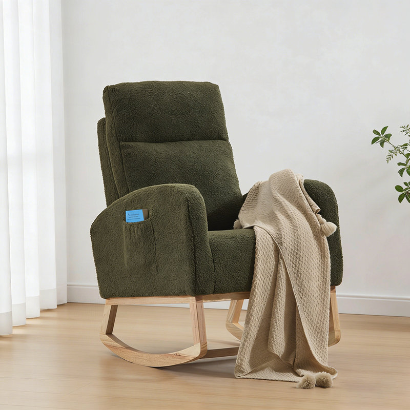 Chaise berçante d'appoint moderne avec pieds en bois massif, fauteuil de chambre de bébé rembourré, fauteuil confortable avec poche latérale, dossier haut pour le salon