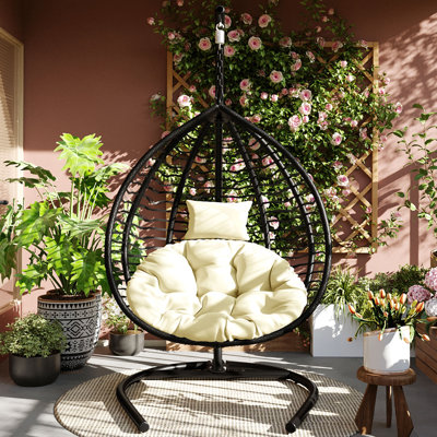 U_STYLE Chaise hamac suspendue d'extérieur pour l'intérieur avec support, balancelle pliable en rotin avec cadre en fer, coussin moelleux et appui-tête amovible