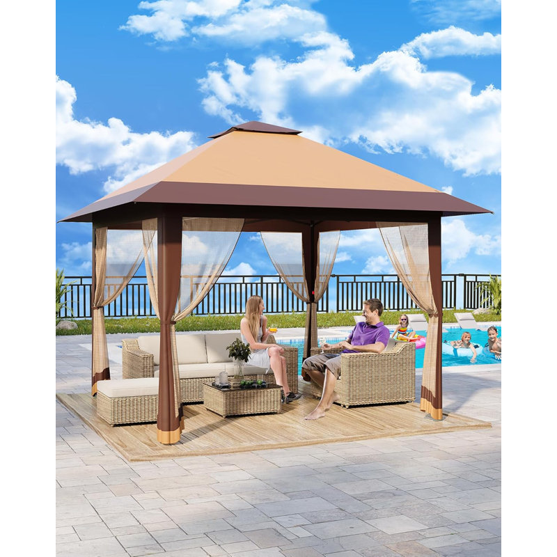 13X13ft Outdoor Pop Up Gazebo, Height Adjustable Pop Up Tent Gazebo With Mesh Cover, Khaki