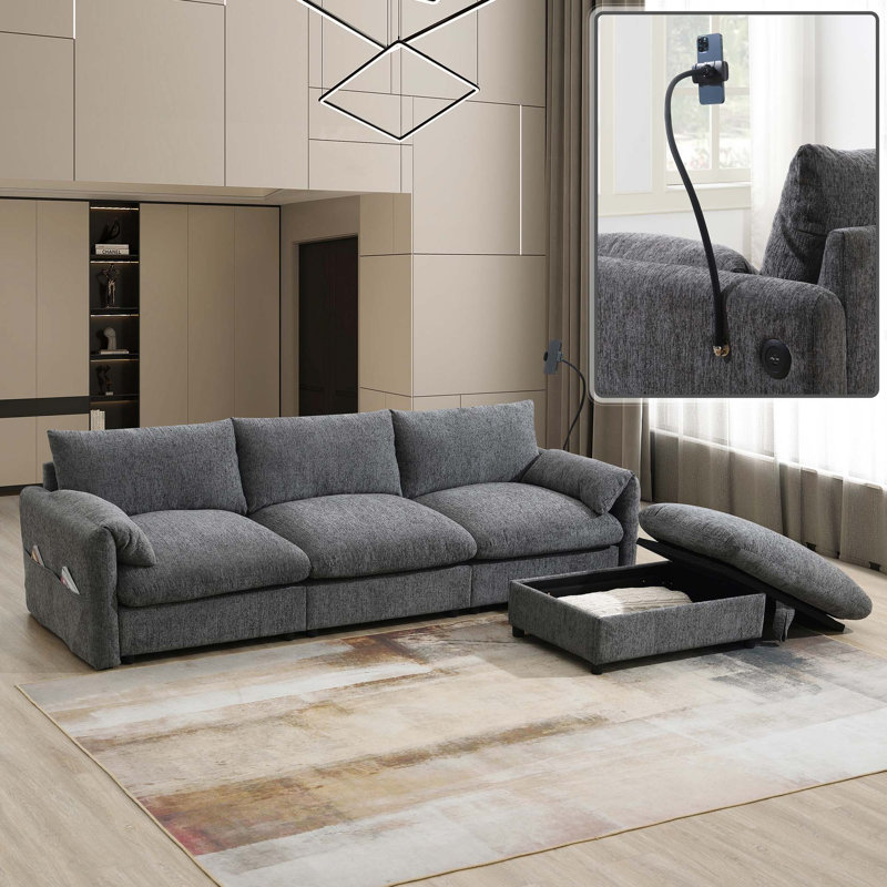 96.5'' Chenille Sectional Sofa with Storage Ottoman and Pockets,Adjustable Phone Holder,Wide Seat,4 Seat L Shaped Couch Set,Comfy Sofa with USB Charger for Living Room,Apartment