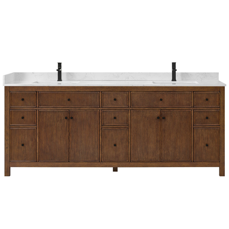 Pendry 84" Freestanding Double Bathroom Vanity with Top, Dark Walnut, Brushed Gold, Carrara Cultured Marble