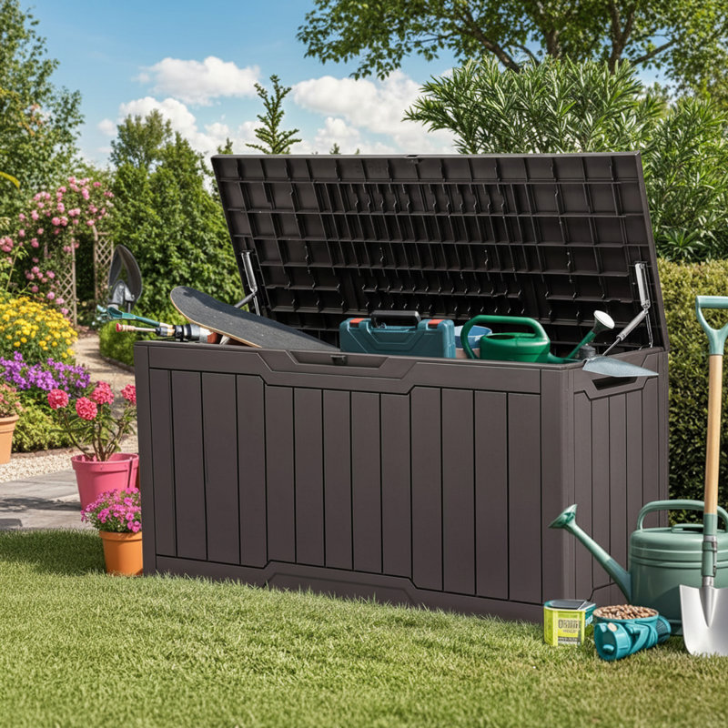 80 Gallon Outdoor Resin Deck Box with Lockable Lid for Patio Cushions, Garden Tools, Dark Brown