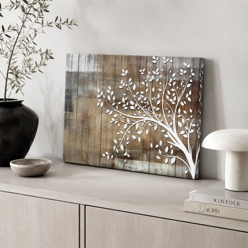 Abstract Tree "White Branch Leaves On Wood Effect Background Artwork, Abstract Neutral Tan Rustic Wall Pictures, Large Framed Canvas Giclee Print Wall Art"