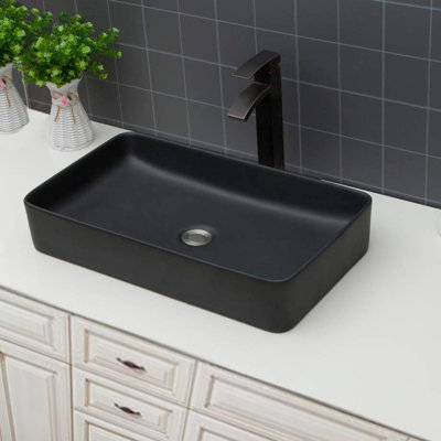 Lavabo de salle de bain vasque rectangulaire moderne en céramique noire 24 po x 13,5 po, surface lisse, facile à essuyer, intérieur et extérieur, installation sur comptoir