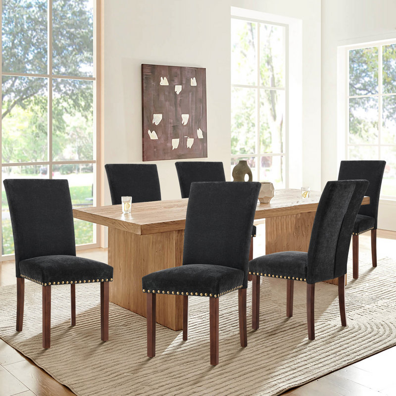 Nailhead Trim Fabric Upholstered Side Chair Wood Dining Chair (Set of 6), Black