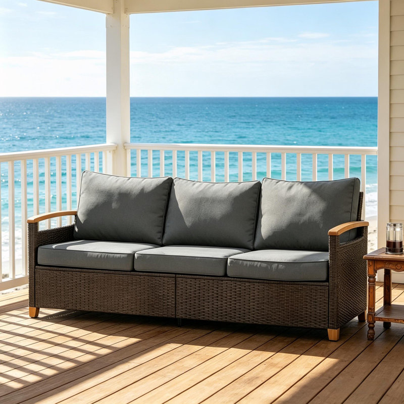Canapé de patio en osier avec coussin, Gris