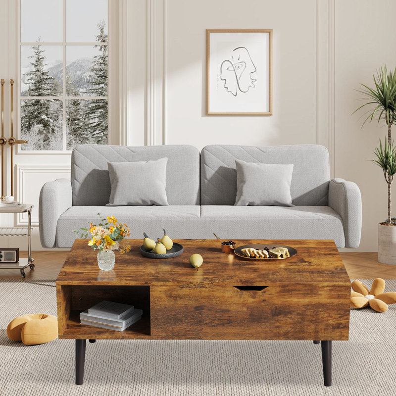 Table basse à plateau relevable, multifonction 4-en-1 et grande table basse avec rangement, Brun