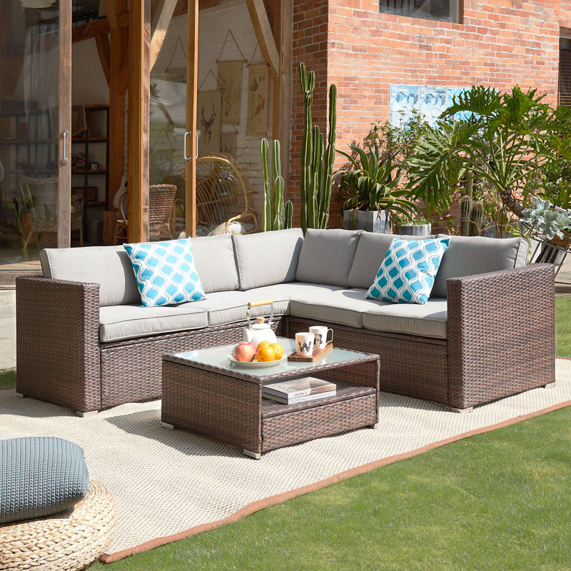 Fardin 5-Person Patio Wicker Sectional Seating Group with Cushions, Gray