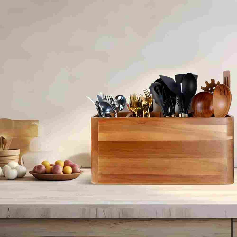 Acacia Wood Cylinder Utensil Crock