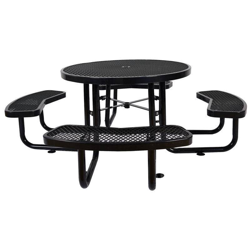 Table de pique-nique ronde en acier avec perche de parasol, Noir