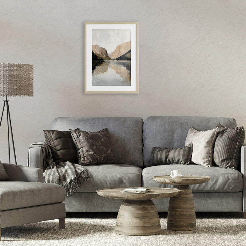 «Mountains Reflecting Rustic Lake», reproduction d'art sous verre encadrée par Petal Prints Design, Cadre de récolte en pin