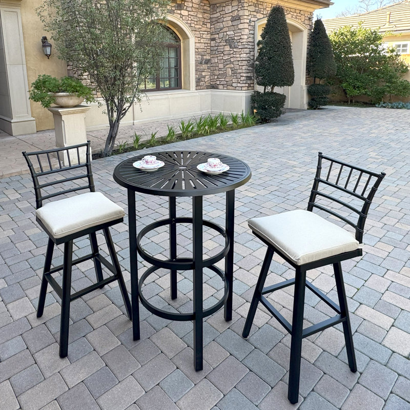 Aluminum 3-Piece Patio Bar Set with 30'' Round Bar Table, Beige