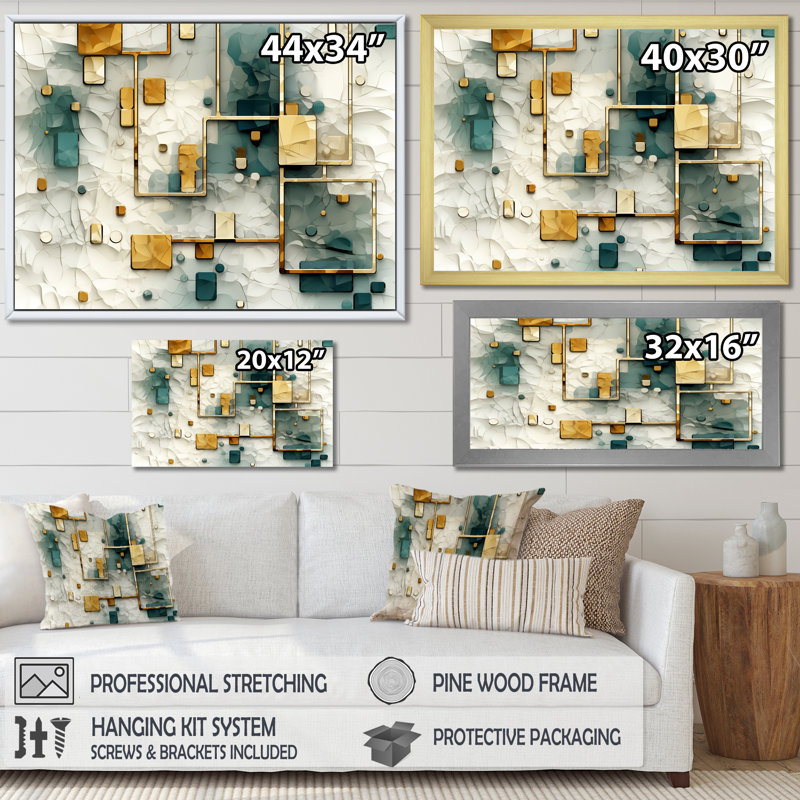 Auspicieuse rétro bleu sarcelle géométrique I - peinture abstraite sur toile, H 30 po x l 40 po, Cadre flottant doré