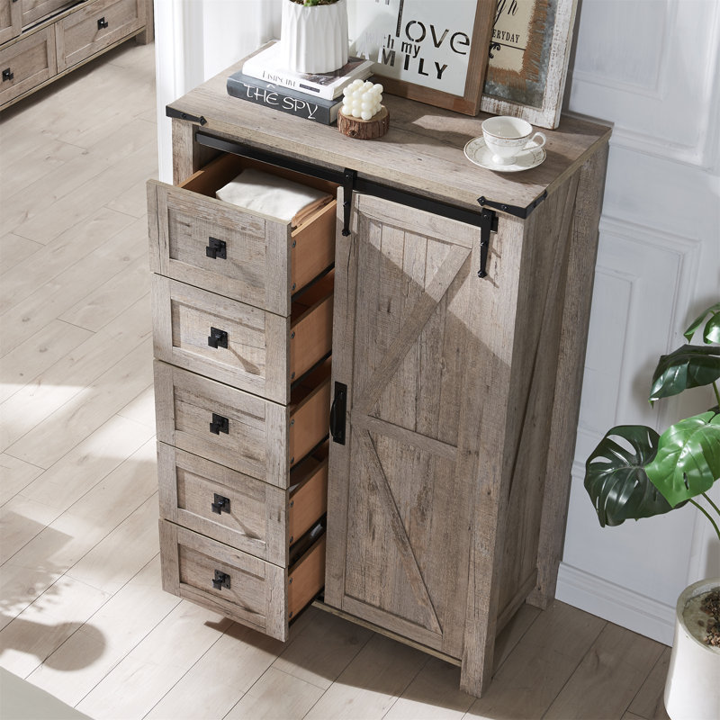 Charithra 5-Drawer Chest with Sliding Barn Door, Light Rustic Oak