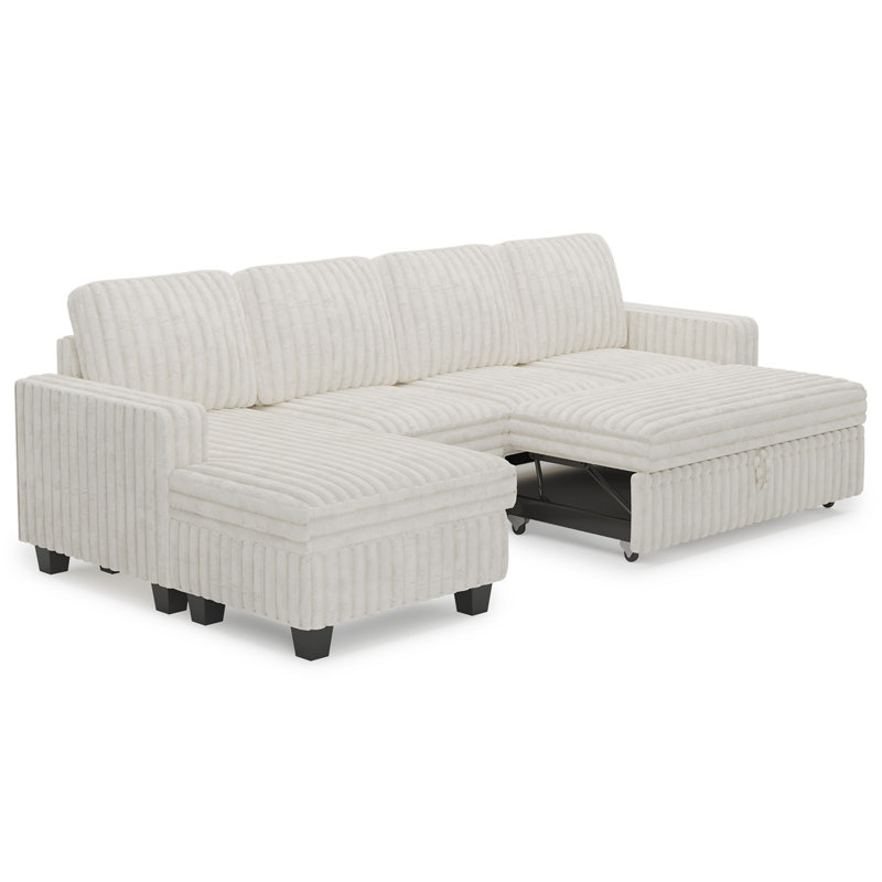 Korian - Canapé en forme de L avec méridienne de rangement fixe rembourré pour la vie moderne, Fausse fourrure beige