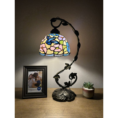 Lampe de table Vaniff Tiffany Vitrail fleurs de colibri en fer et base en métal bronze l 11 po x P 8 po x H 21 po