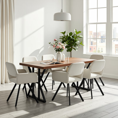 Ensemble de table de salle à manger 7 pièces avec fauteuils pivotants rembourrés, table rectangulaire aspect bois et base en métal