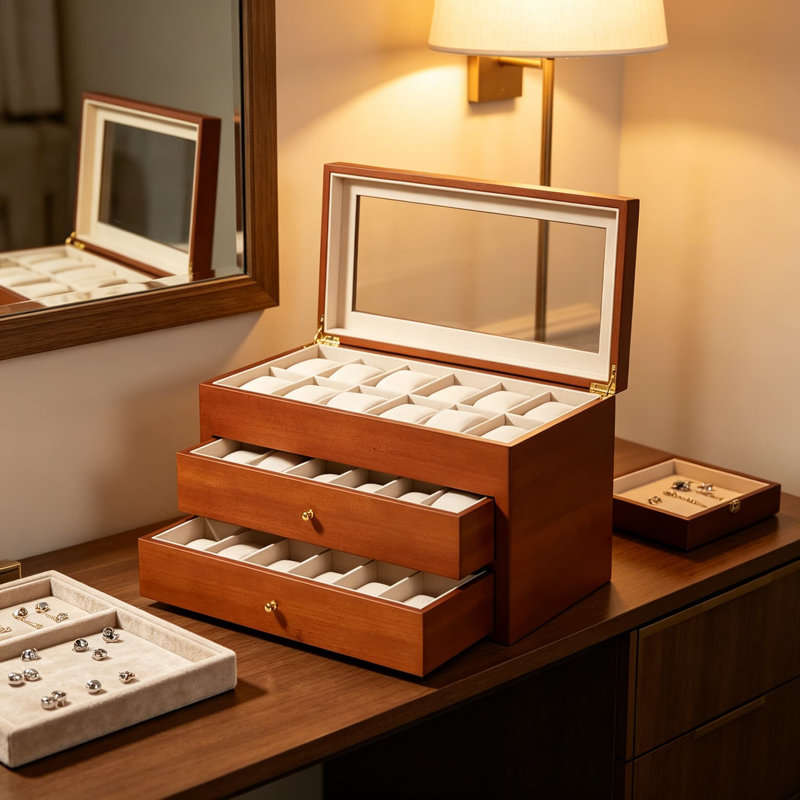 Boîte à montre en bois de cerisier pour 36 montres - Organisateur à plateau en verre avec 2 tiroirs et doublure en velours, brun