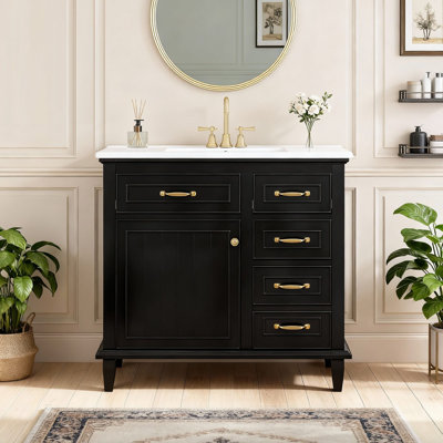 Meuble-lavabo 36 po avec plateau en céramique, tiroirs rabattables et tablette réglable