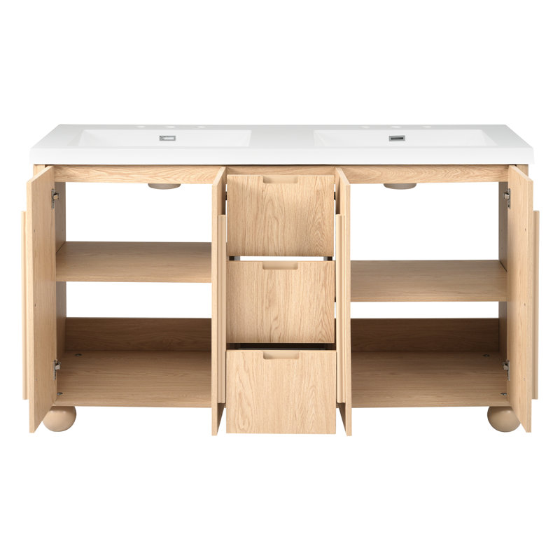 Ensemble de meuble-lavabo double 59,1 po avec lavabos en résine, grain de bois naturel, 4 portes à fermeture douce et 3 tiroirs, autoportant