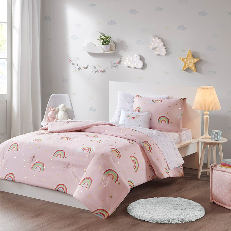 Ensemble d'édredon avec draps assortis Thym Rainbow and Metallic, Édredon double et 5 pièces supplémentaires, Rose