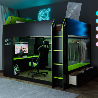 Lit mezzanine double en bois avec bureau à hauteur réglable, tiroirs, compartiments de rangement, tringle à suspension et lumières RVB, bleu (OLD SKU: LT000288AAC)