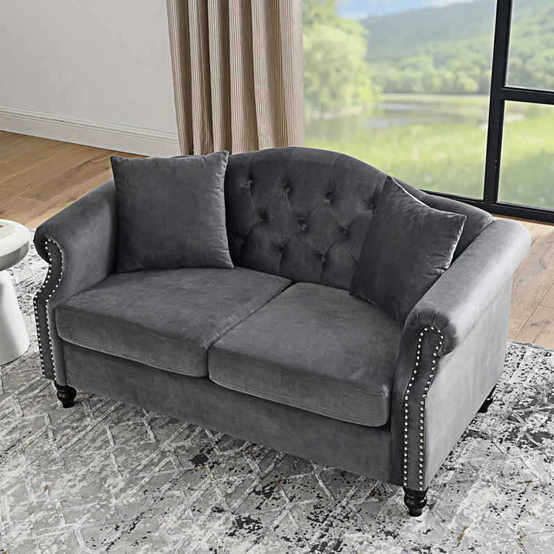 Tufted Couch With Rolled Arms, Chesterfield Sofa, Seater Sofa, Gray, 2
