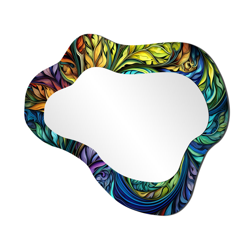 Art nouveau arc-en-ciel ornemental botanique - miroir nuage feuilles, miroir mural asymétrique vert unique, impression d'art en métal