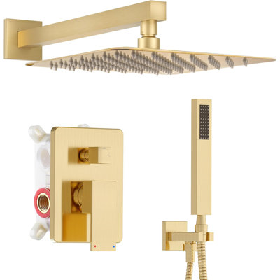 Système de douche de luxe Alesco avec pomme de douche à pluie haute pression et douchette combinée, fabrication en laiton massif avec finition brossée, valve et ensemble de garniture inclus