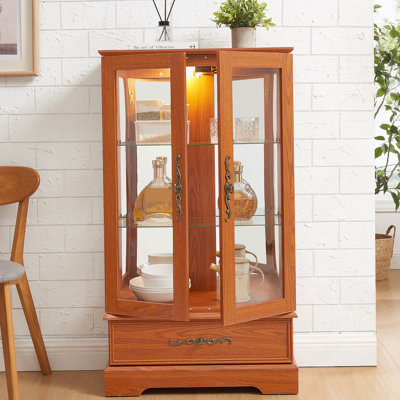 Lighted Glass Curio Cabinet With Adjustable Shelves, Vintage Handles, Anti - Tip Device, Drawer And Mirrored Back For Displaying Treasured Items