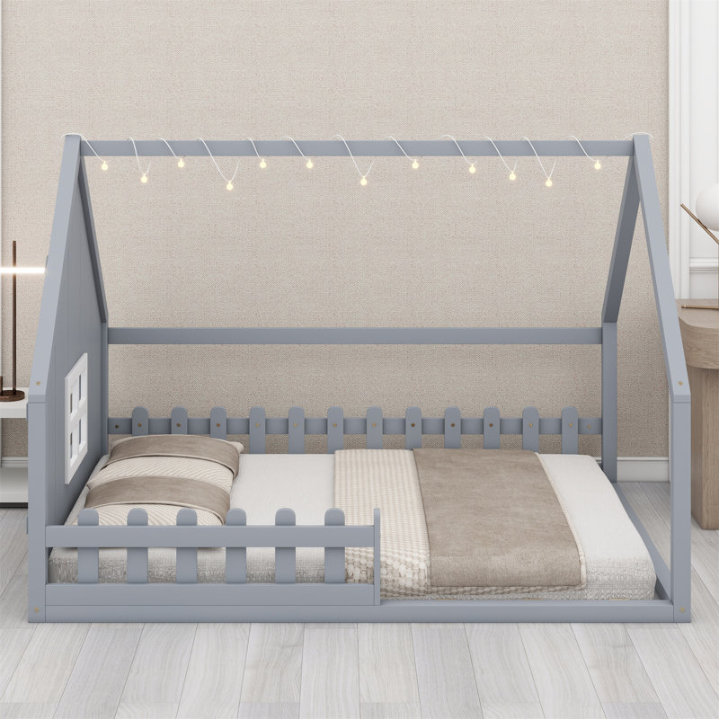 Lit maison avec fenêtre et clôture, DEL, Gris