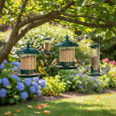 Metal Hanging Bird Feeder For Outdoor Use With 360 Degree Feeding Tray, Green
