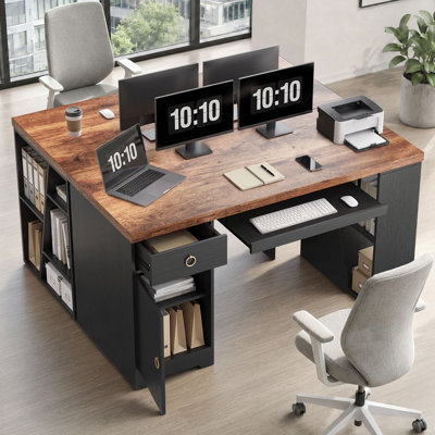 Bureau d'ordinateur avec plateau à clavier, bureau à domicile Bureau de direction industriel en bois avec tiroirs et bibliothèque de 55 pouces pour bureau personnel