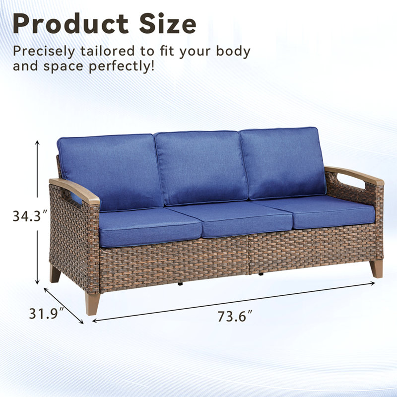 Canapé d'extérieur en osier de 73,6 po de largeur, canapé à assise profonde avec coussins pour la véranda, bleu