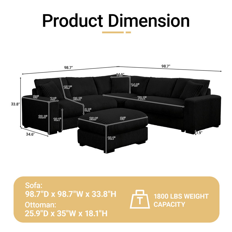 Canapé modulaire en coin avec siège rembourré 98,5 po 98,7 po Corduroy, Velours côtelé noir