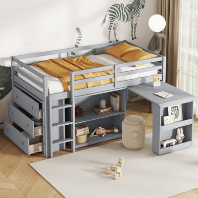 Twin Loft Bed with Pull-Out Desk, Storage Drawers & Shelf, Solid Rubber Wood, Safety Guardrail for Kids