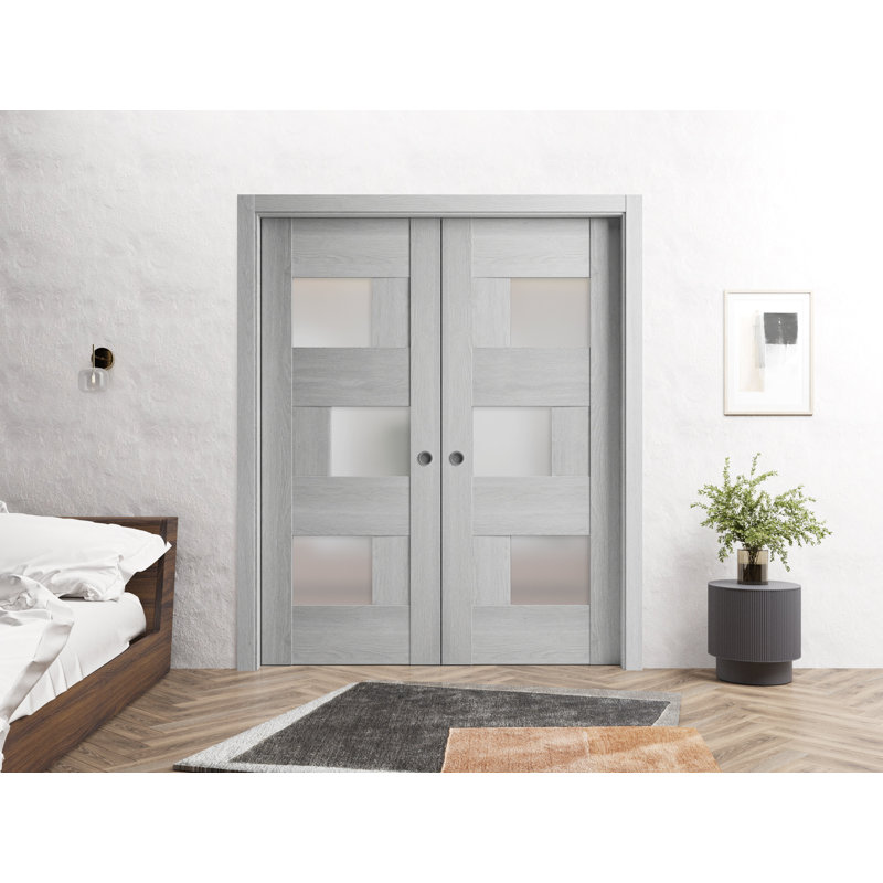 Portes françaises coulissantes en verre givré Sete, 72 po x 84 po, gris