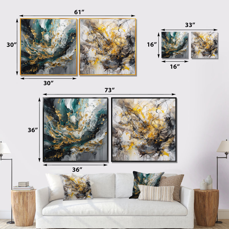 Cascade verte et dorée - ensemble de 2 collages carrés abstraits, Cadre flottant noir, H 16 po x l 33 po