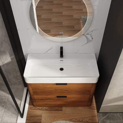 Meuble-lavabo autoportant avec lavabo en résine et deux tiroirs de rangement