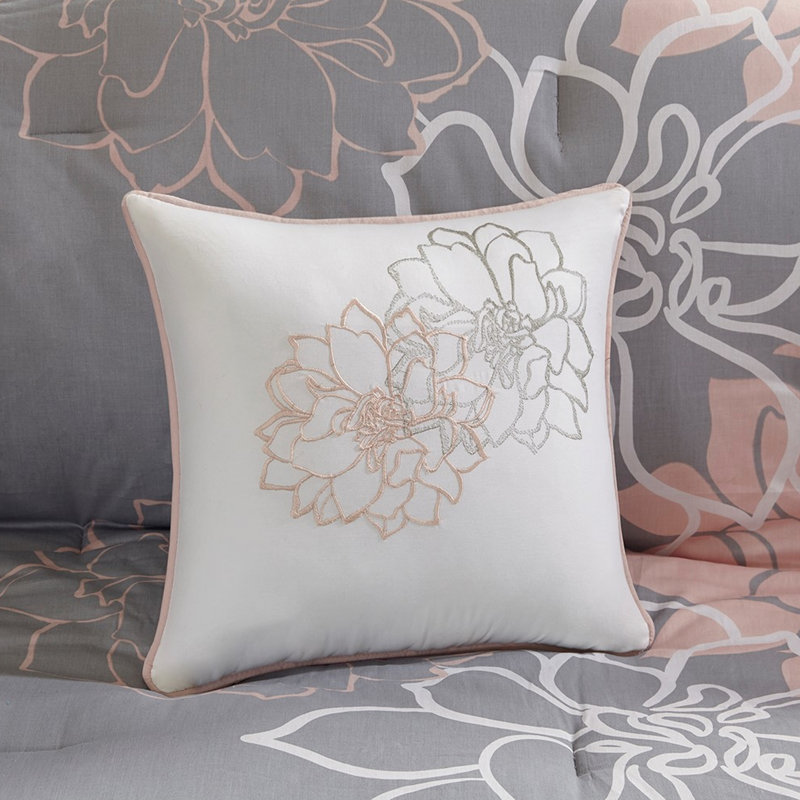 Édredon simple / simple en coton imprimé TG - gris / pêche avec jupe de lit et 3 oreillers décoratifs, Gris / pêche
