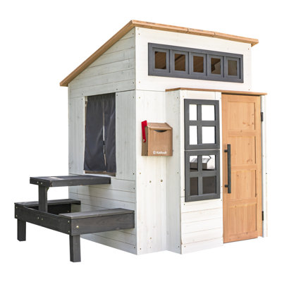 Modern Outdoor Wooden Playhouse With Picnic Table, Mailbox And Outdoor Grill, White & Raven