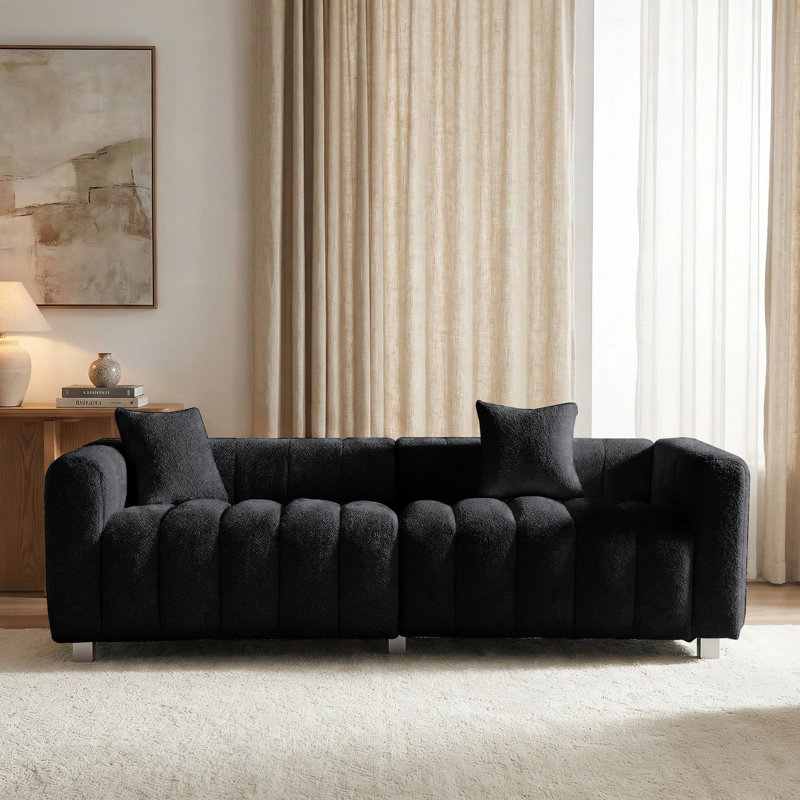 83.4" Mid-Century Sofa Couch, 3 Seater Sofa With Two Pillows, Black