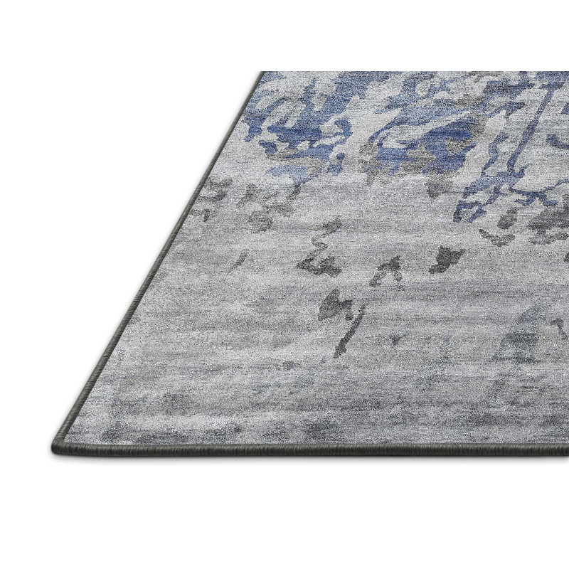 Tapis contemporain gris / bleu, Rectangle 5 pi x 7 pi