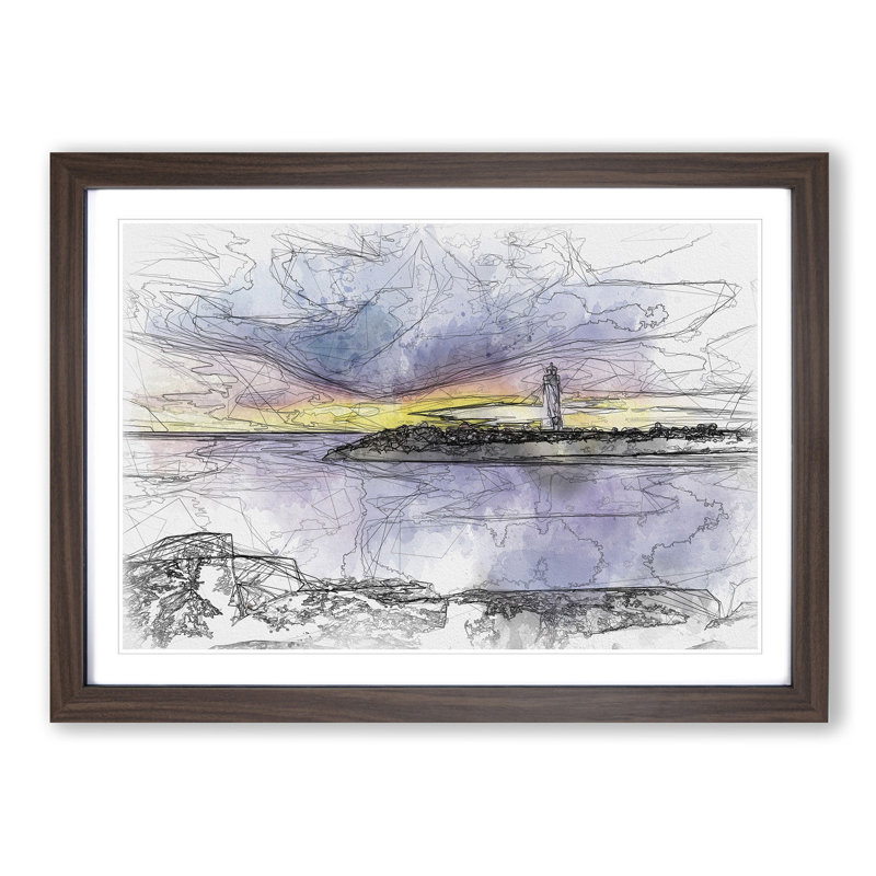 Remote Lighthouse & Seascape Sketch - Picture Frame Graphic Art Print, Walnut Framed, 40cm H x 60cm W x 2cm D